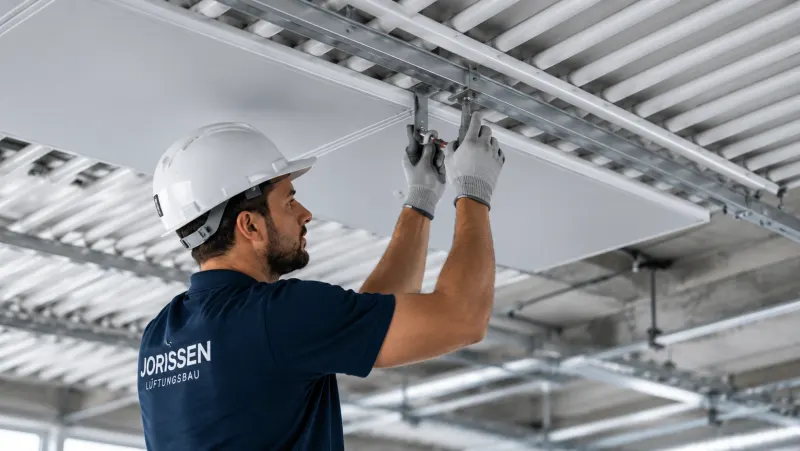 Monteur bei der Montage an einer Deckenkonstruktion