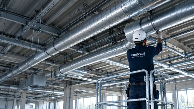 Monteur auf einem Rollgerüst bei der Montage von Lüftungskanälen in einer Halle